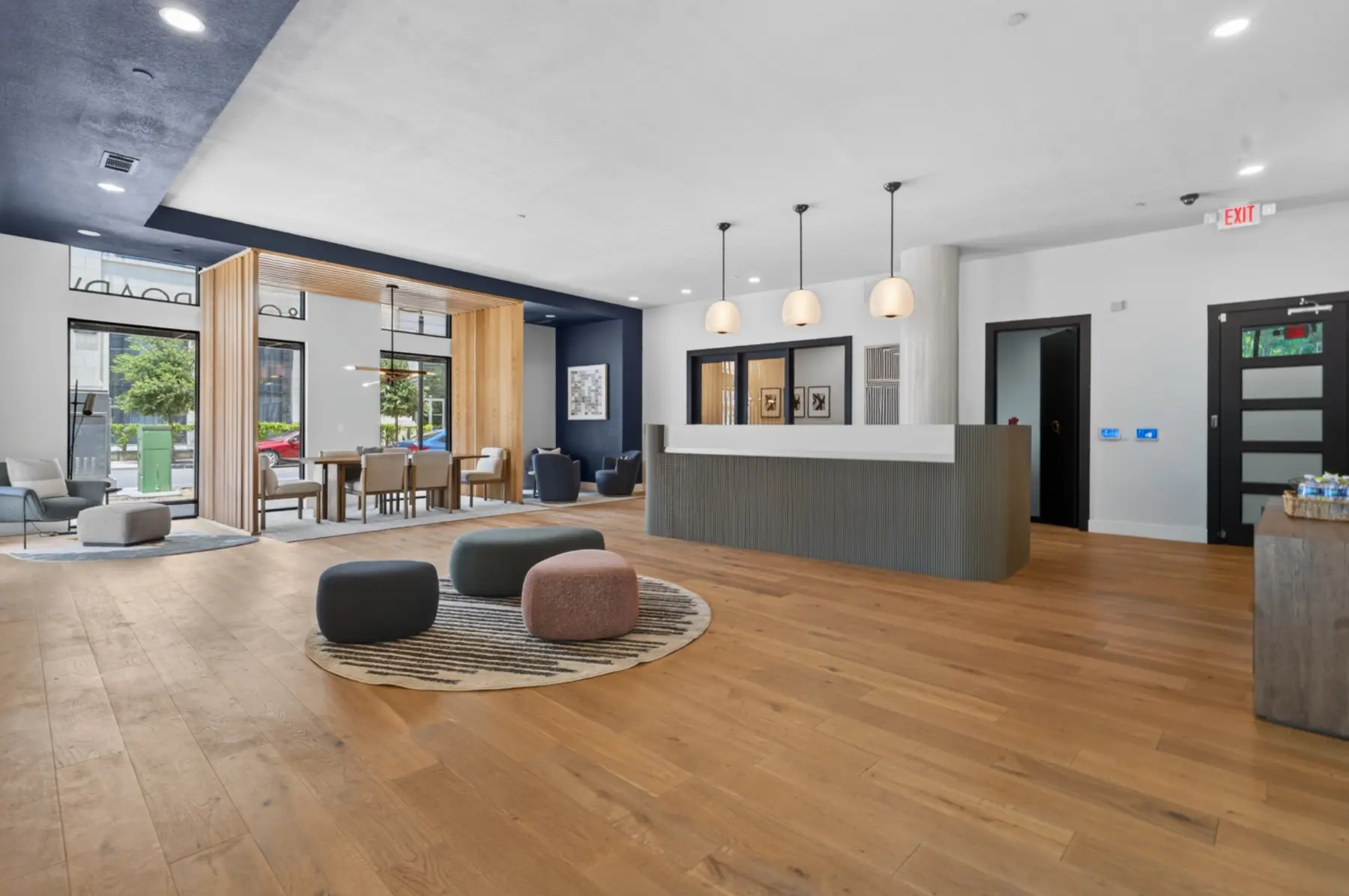 Renovated leasing reception and flexible resident gathering space