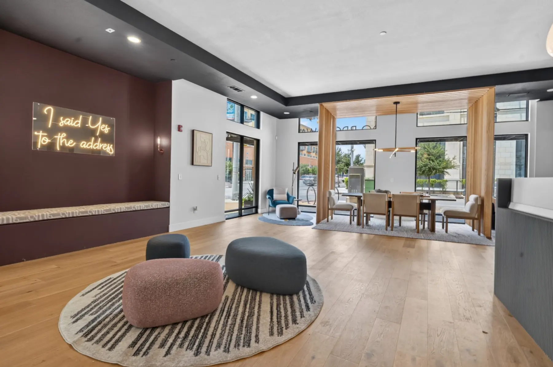 Resident amenity space with custom wood canopy and integrated seating areas